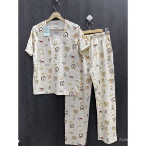 Women Cute Printed Cotton Hosiery Night Suit Set - Soft Cream Sleepwear Co-ord Set