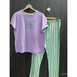 Women Good Morning Printed Cotton Hosiery Night Suit Set - Striped Pajama Loungewear