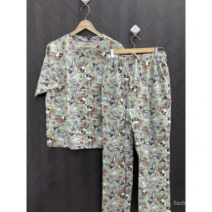 Green Cartoon Print Night Suit Set