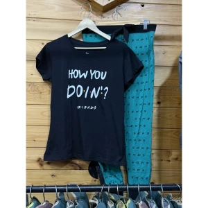 Women Friends Printed Cotton Hosiery Night Suit Set (How You Doin?) - Black T-Shirt & Green Pajama