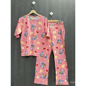 Women Stitch Cartoon Printed Cotton Night Suit Set (T-Shirt & Pajama) - Soft Comfortable Sleepwear